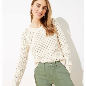Loft Cotton Lace Knit Pointelle Long Sleeve Crewneck Pullover Sweater